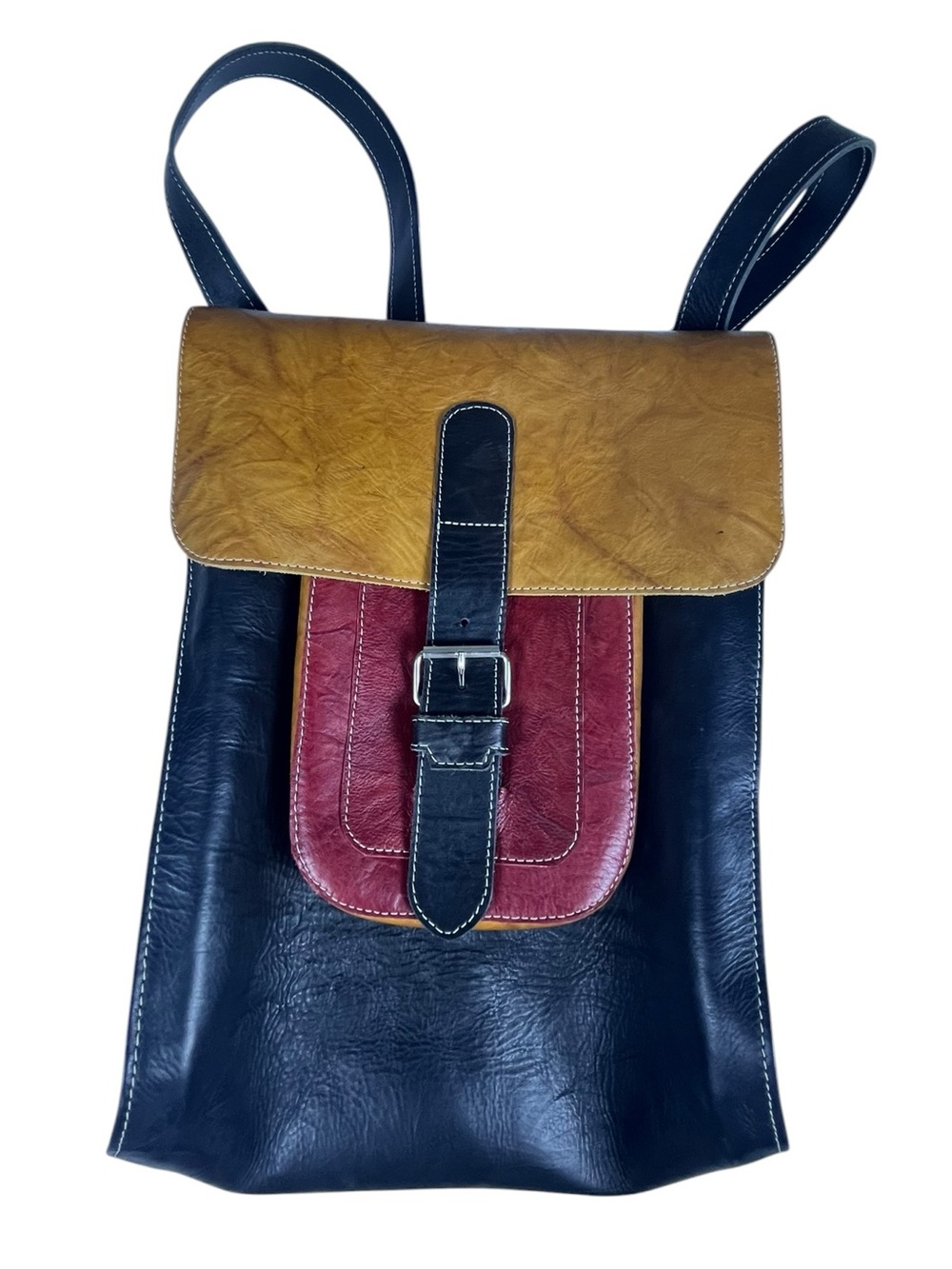 Leather Colorblock Backpack - Black, Mustard & Red handmade NWOT - sku 184